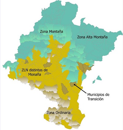 Mapa de Navarra con las zonas de montaña, zona de transicion y zona ordinaria