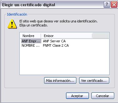 Pantalla con la elección del certificado digital.